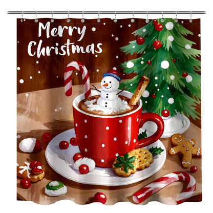 Sunlit Christmas Shower Curtain, Red Mug Hot Cocoa with Snowman Marshmallows and Gingerbread Cookies, Whimsical Holiday Scene Festive Bathroom Fabric Shower Curtain, Home Decor Tapestry, 72" x 72"