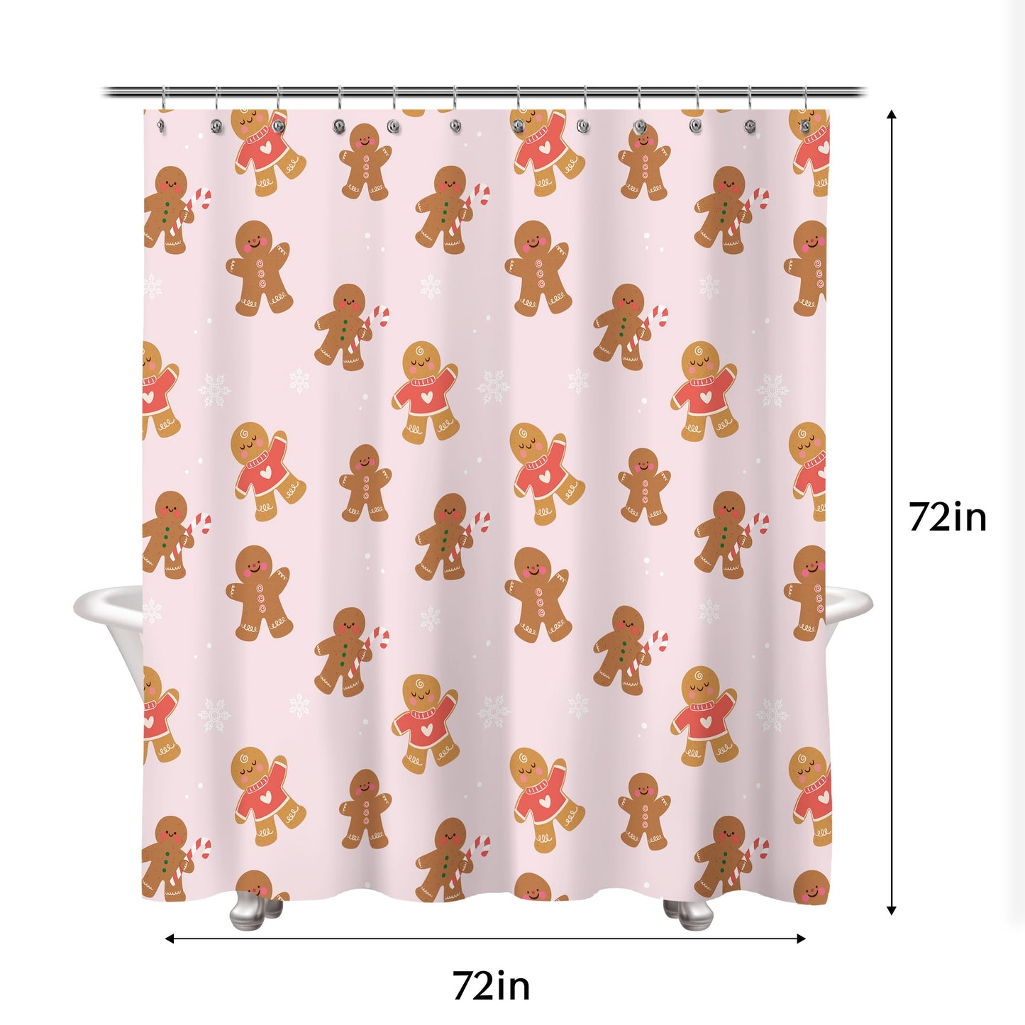 Sunlit Christmas Shower Curtain, Pink Holiday Gingerbread Men with Candy Canes and Snowflakes Cute Xmas Cookie Pattern, Festive Bathroom Fabric Shower Curtain, Home Decor Tapestry, 72" x 72"