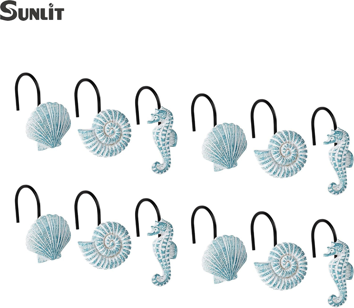 Sunlit Seashells Decorative Shower Curtain Hooks, Aqua Blue Ocean Creatures Coastal Shower Curtain Rings with Black Hooks, Resin, Nautical Bathroom Decoration Beach Shower Curtain Hooks, Set of 12