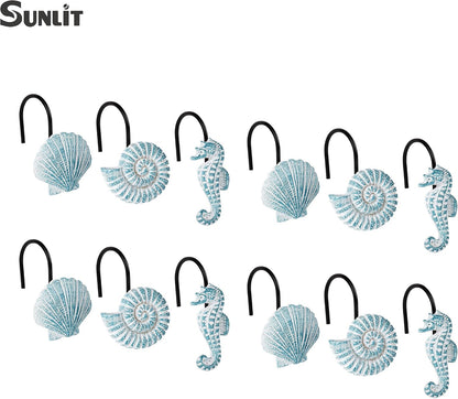 Sunlit Seashells Decorative Shower Curtain Hooks, Aqua Blue Ocean Creatures Coastal Shower Curtain Rings with Black Hooks, Resin, Nautical Bathroom Decoration Beach Shower Curtain Hooks, Set of 12