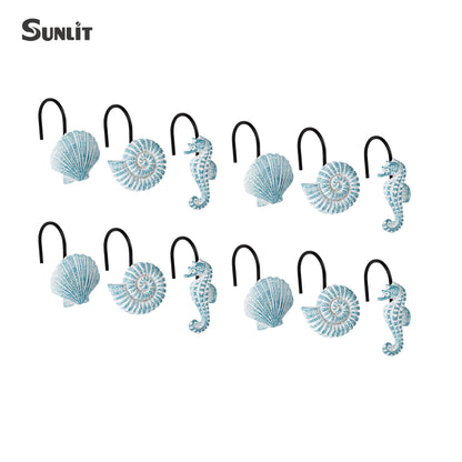Sunlit Seashells Decorative Shower Curtain Hooks, Blue Ocean Creatures Coastal Shower Curtain Rings with Black Hooks, Resin, Nautical Bathroom Decoration Beach Shower Curtain Hooks, Set of 12