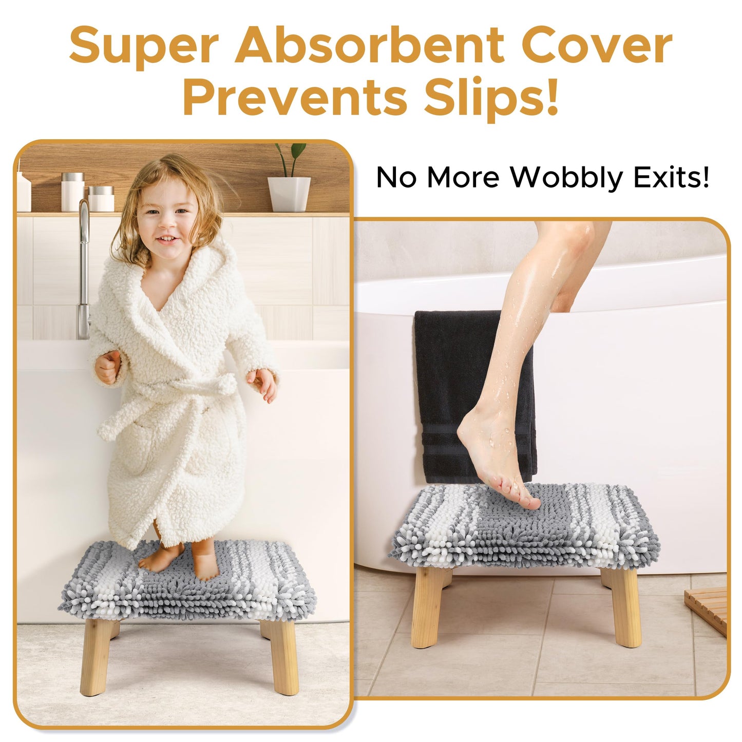 Sunlit One Step Stool with Absorbent Chenille, Stool Holds up to 550 lbs, Non-Slip Wood Foot Stool, Wooden Step Stool for Adults, Step Stools for Kids, Kitchen Bathroom Bedroom, Taupe