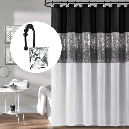 Sunlit Luxury Design Square Red Diamond Crystal Gem Bling with Glide Balls Shower Curtain Hooks, Rust Proof Metal Rhinestones Glam Shower Curtain Rings-12 Pack
