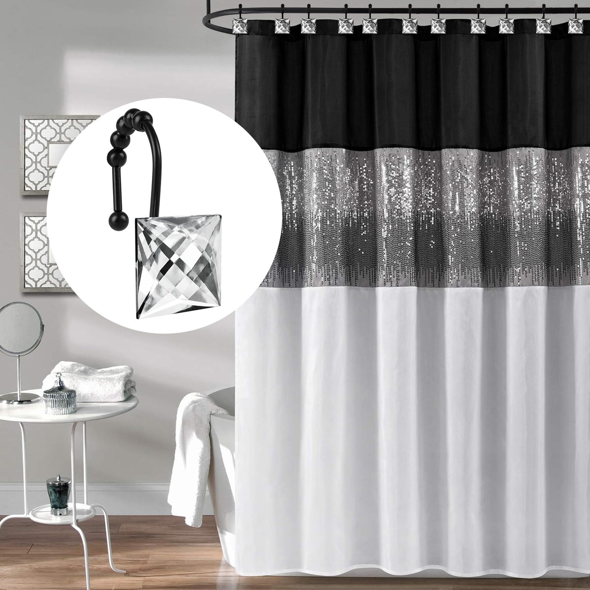 Sunlit Square Rhinestone Shower Curtain Hooks with Glide Balls, 12 Pack