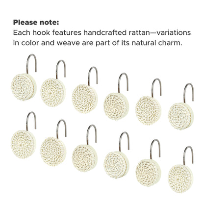 Sunlit Boho Decorative Shower Curtain Hooks, Woven Wicker Ratten Beige Shower Curtain Rings for Bathroom, Farmhouse Shower Curtain Hangers Bathroom Accessories, Set of 12