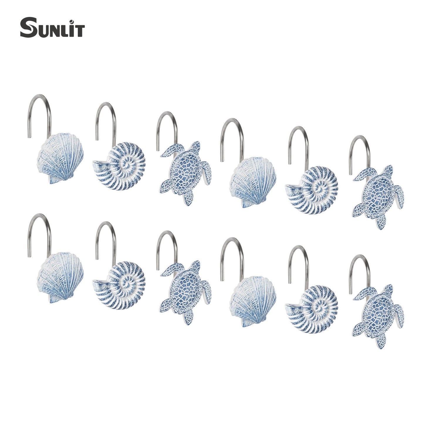 Sunlit Seashells Decorative Shower Curtain Hooks, Blue Scallop Nautilus & Sea Turtle Shower Curtain Rings, Resin, Nautical Bathroom Decoration Beach Shower Curtain Hooks-12 Pack