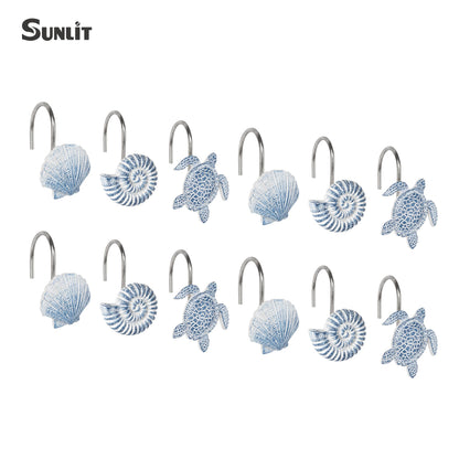 Sunlit Seashells Decorative Shower Curtain Hooks, Blue Scallop Nautilus & Sea Turtle Shower Curtain Rings, Resin, Nautical Bathroom Decoration Beach Shower Curtain Hooks-12 Pack