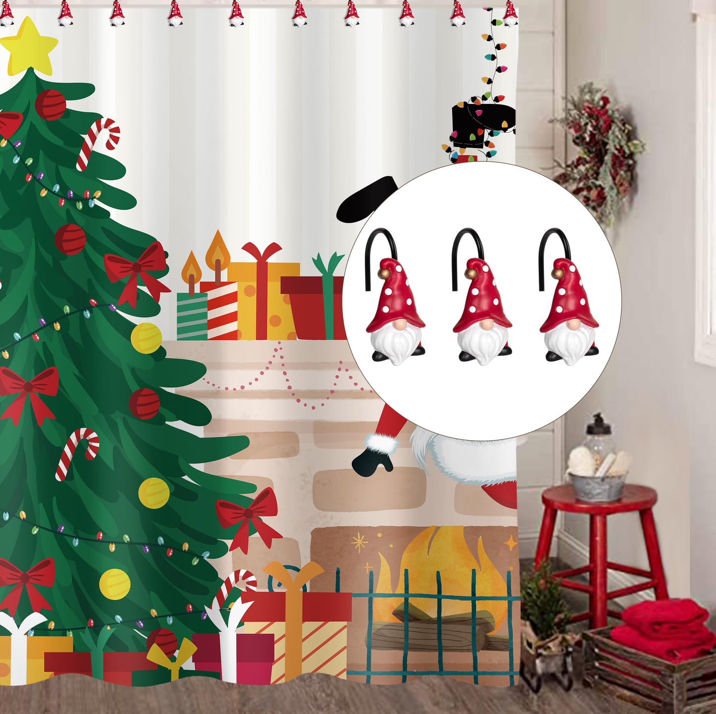 Sunlit Christmas Shower Curtain Hooks, Gnome Shower Curtain Rings, Hand Painted Resin Christmas Decor, Winter Bathroom Decoration, Red Hat with White Polka Dot, Set of 12
