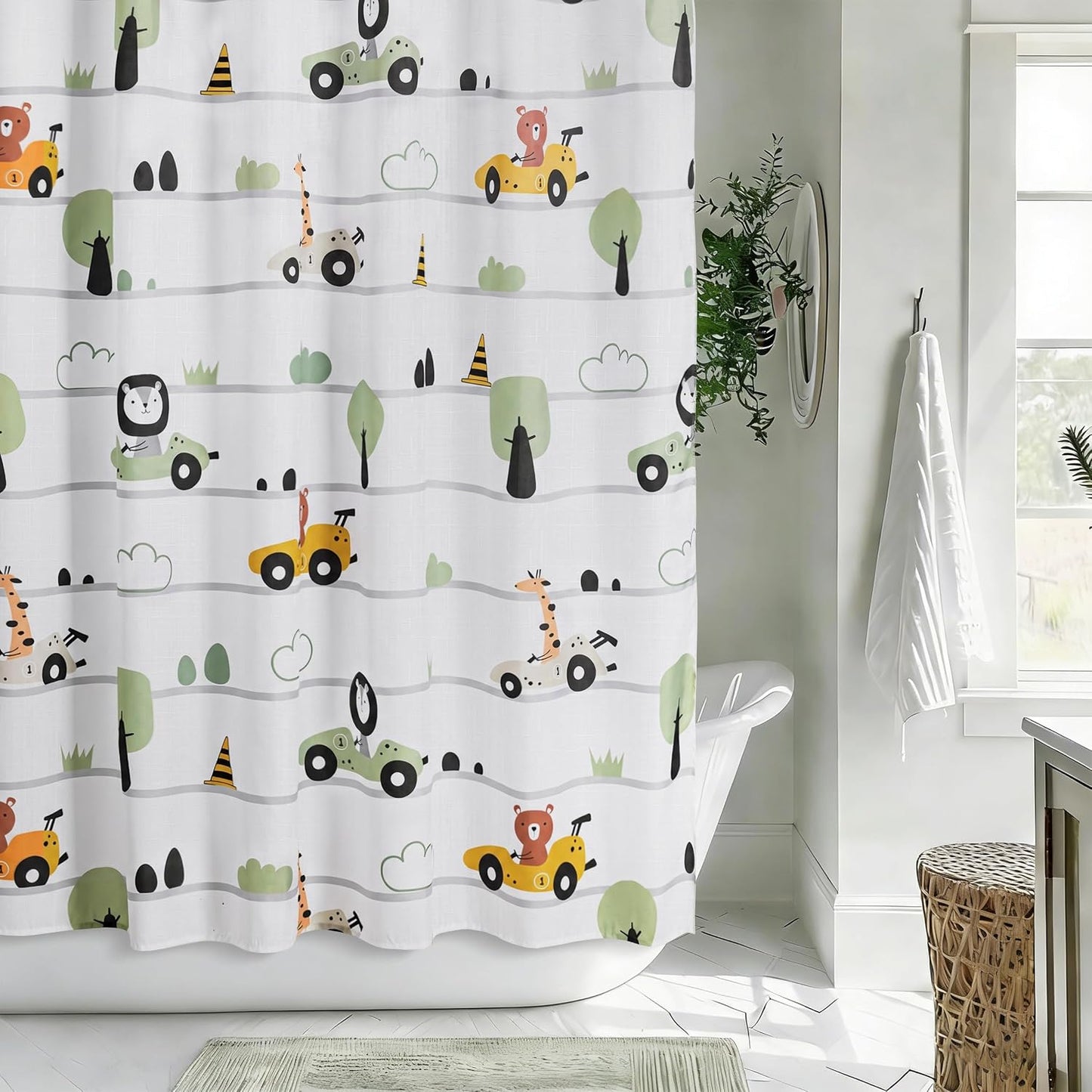 Sunlit Funny Car Race Fabric Kids Shower Curtain, Cute Cartoon Animal Drivers with Giraffe, Lion & Bear, Fun Road Trip Theme Bathroom Decor for Boys and Girls, 72 x 72 Inches, Sage Green