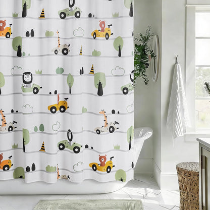 Sunlit Funny Car Race Fabric Kids Shower Curtain, Cute Cartoon Animal Drivers with Giraffe, Lion & Bear, Fun Road Trip Theme Bathroom Decor for Boys and Girls, 72 x 72 Inches, Sage Green
