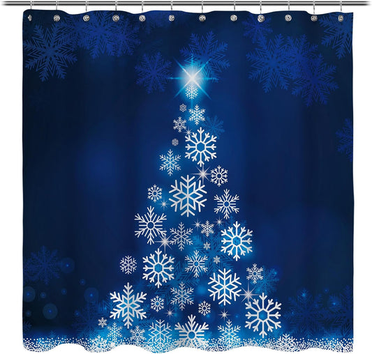 Sunlit Blue Fluorescent Christmas Snowflake Tree with Dark Blue Background Fabric Shower Curtain, Bathroom Home Office Holiday Wall Decoration as Tapestry and Photo Booth Backdrop