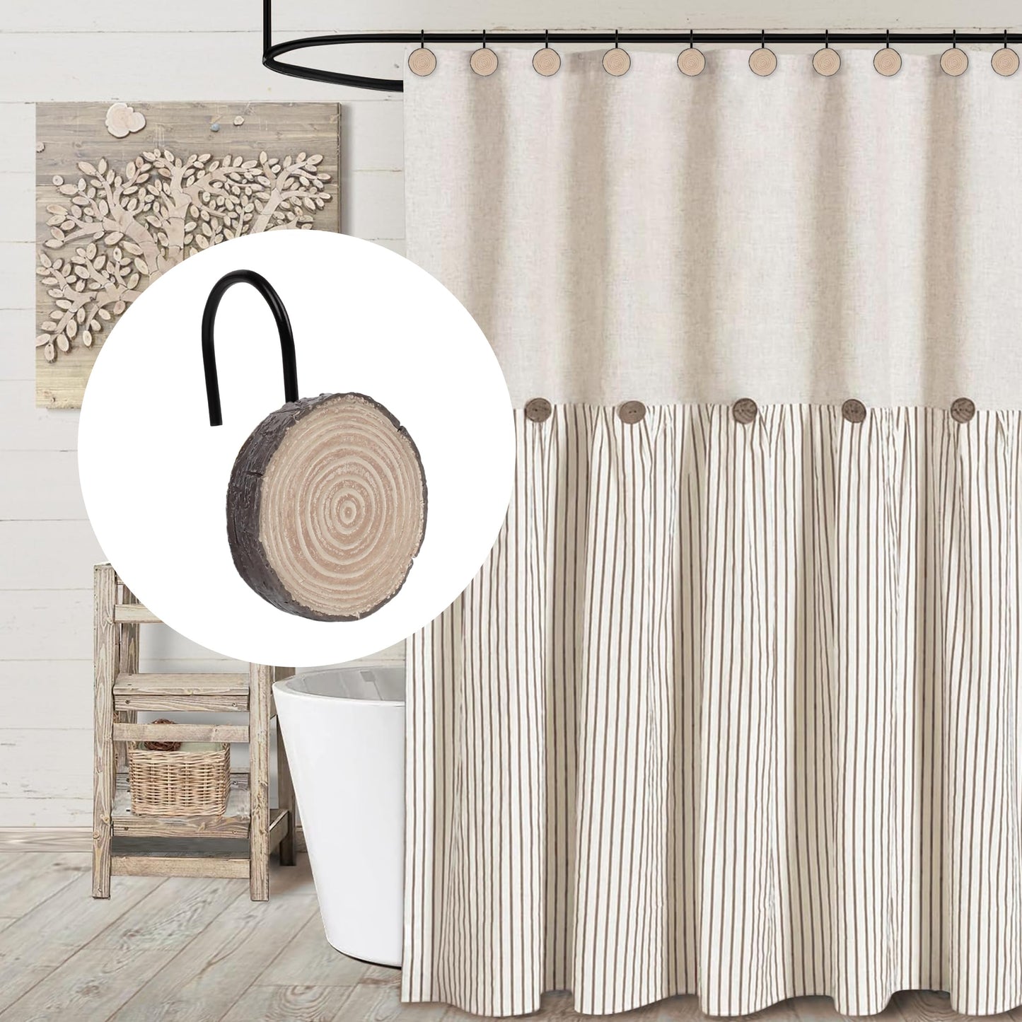 Sunlit Farmhouse Wooden Slices Shower Curtain Hooks, Rustic Home Decorative Shower Curtain Rings for Bathroom, Resin Shower Curtain Hangers Bathroom Accessories, Set of 12