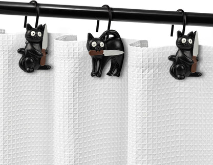Sunlit Halloween Creepy Black Cat Shower Curtain Hooks, Home Decorative Shower Curtain Rings for Bathroom, Spooky Shower Curtain Hangers Bathroom Accessories, Set of 12