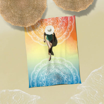 Sunlit 10'x9' Extra Large Boho Sand Proof Beach Blanket, Sand Proof Mat with Corner Pockets and Mesh Bag for Beach Party, Travel, Camping and Outdoor Music Festival, Light Orange and Sky Blue Mandala