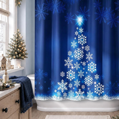 Sunlit Blue Fluorescent Christmas Snowflake Tree with Dark Blue Background Fabric Shower Curtain, Bathroom Home Office Holiday Wall Decoration as Tapestry and Photo Booth Backdrop