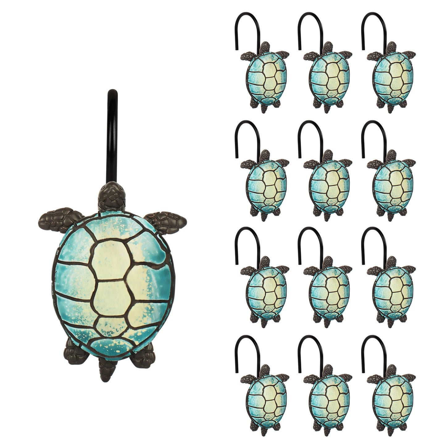Sunlit Sea Turtle Shower Curtain Hooks, Home Decorative Shower Curtain Rings for Bathroom, Resin, Ocean Shower Curtain Hanger Hooks for Kid Room Living Room, Set of 12