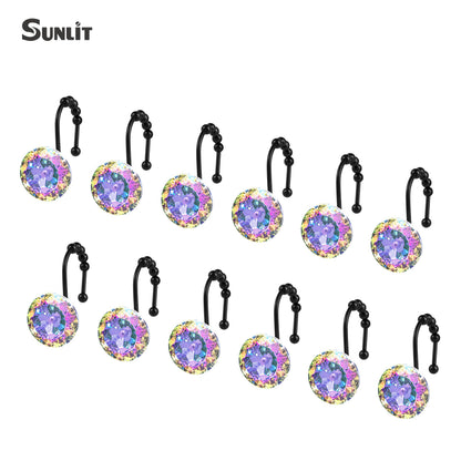 Sunlit Luxury Design Round Yellow Diamond Crystal Gem Bling with Glide Balls Shower Curtain Hooks, Rust Proof Metal Rhinestones Glam Shower Curtain Rings-12 Pack