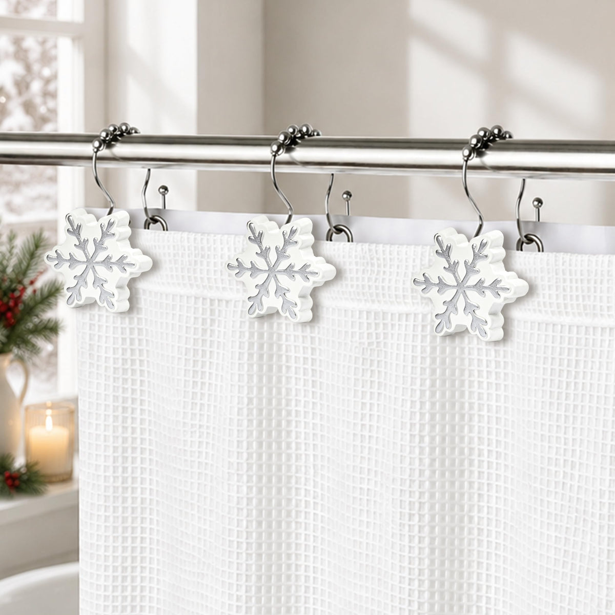 Sunlit Christmas Shower Curtain Hooks Snowflakes Double Shower Curtain Rings, Resin, Red and White Christmas Decor, Winter Bathroom Decoration - 12 Pack
