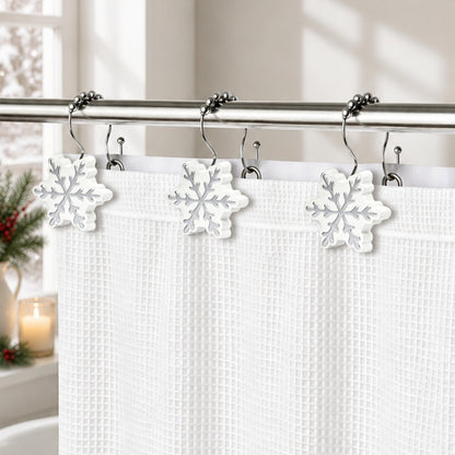Sunlit Christmas Shower Curtain Hooks Snowflakes Double Shower Curtain Rings, Resin, Red and White Christmas Decor, Winter Bathroom Decoration - 12 Pack