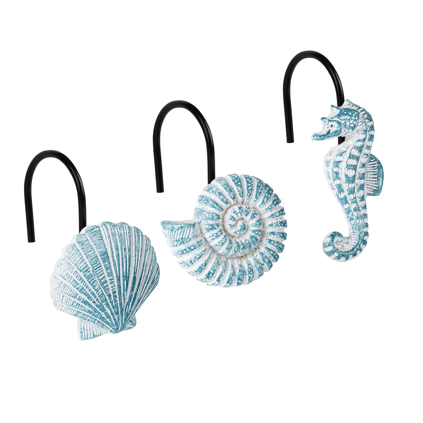 Sunlit Seashells Decorative Shower Curtain Hooks, Blue Ocean Creatures Coastal Shower Curtain Rings with Black Hooks, Resin, Nautical Bathroom Decoration Beach Shower Curtain Hooks, Set of 12