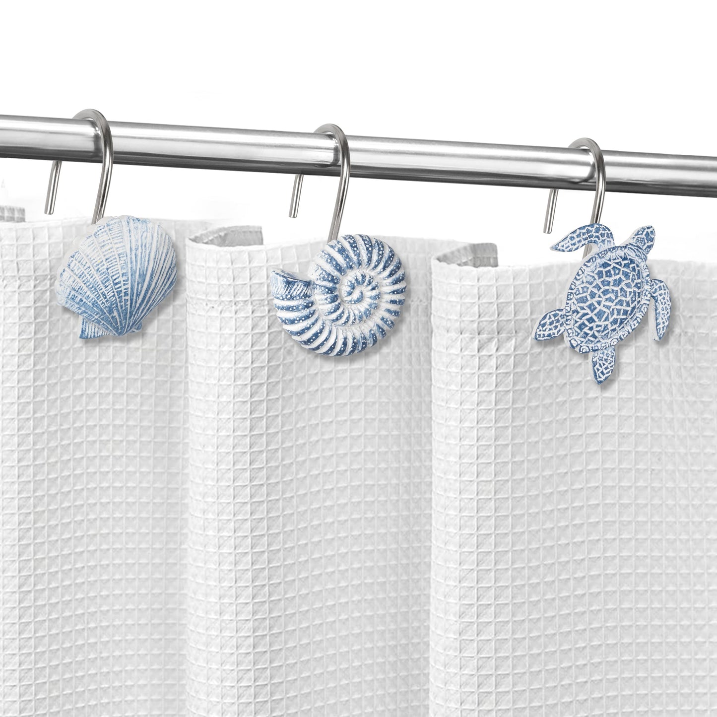 Sunlit Seashells Decorative Shower Curtain Hooks, Blue Scallop Nautilus & Sea Turtle Shower Curtain Rings, Resin, Nautical Bathroom Decoration Beach Shower Curtain Hooks-12 Pack