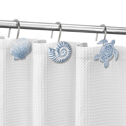 Sunlit Seashells Decorative Shower Curtain Hooks, Blue Scallop Nautilus & Sea Turtle Shower Curtain Rings, Resin, Nautical Bathroom Decoration Beach Shower Curtain Hooks-12 Pack