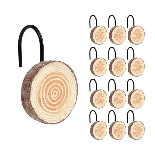 Sunlit Farmhouse Wooden Slices Shower Curtain Hooks, Rustic Home Decorative Shower Curtain Rings for Bathroom, Resin Shower Curtain Hangers Bathroom Accessories, Set of 12