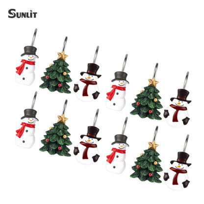 Sunlit Christmas Tree Snowman Decorative Shower Curtain Hooks, Green White Shower Curtain Rings, Resin, Xmas Theme Winter Holiday Bathroom Decoration, Set of 12