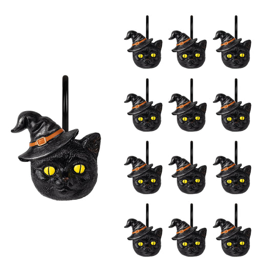 Sunlit Halloween Black Cat Shower Curtain Hooks, Home Decorative Shower Curtain Rings for Bathroom, Halloween Shower Curtain Hangers Bathroom Accessories, Set of 12, Wizard Cat