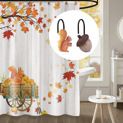 Sunlit Fall Autumn Decorative Shower Curtain Hooks, Squirrel Acorn Shower Curtain Rings, Resin, Orange Brown Cute Bathroom Curtain Hangers Decoration, Set of 12