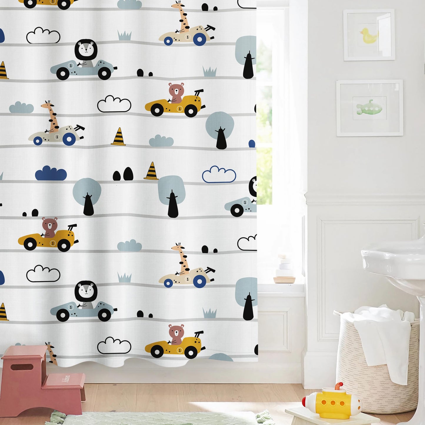 Sunlit Funny Car Race Fabric Kids Shower Curtain, Cute Cartoon Animal Drivers with Giraffe, Lion & Bear, Fun Road Trip Theme Bathroom Decor for Boys and Girls, 72 x 72 Inches, Sage Green