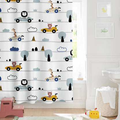 Sunlit Funny Car Race Fabric Kids Shower Curtain, Cute Cartoon Animal Drivers with Giraffe, Lion & Bear, Fun Road Trip Theme Bathroom Decor for Boys and Girls, 72 x 72 Inches, Sage Green