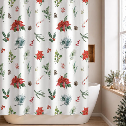 Sunlit Christmas Shower Curtain, Festive Poinsettia and Pine Botanical Holiday Print with Candy Cane Accents, Winter Farmhouse Bathroom Decor, 72" x 72"