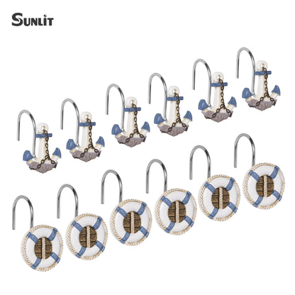 Sunlit Nautical Shower Curtain Hooks, Home Decorative Coastal Shower Curtain Rings for Bathroom, Resin, Ocean Shower Curtain Hanger Hooks for Living Room, Set of 12, Blue Lighthouse Sailboat