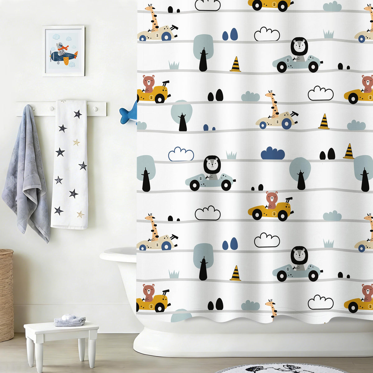 Sunlit Funny Car Race Fabric Kids Shower Curtain, Cute Cartoon Animal Drivers with Giraffe, Lion & Bear, Fun Road Trip Theme Bathroom Decor for Boys and Girls, 72 x 72 Inches, Sage Green