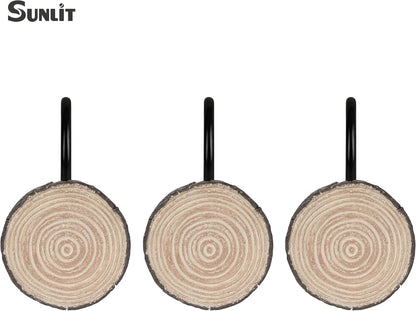Sunlit Farmhouse Wooden Slices Shower Curtain Hooks, Rustic Home Decorative Shower Curtain Rings with Black Hooks for Bathroom, Resin Shower Curtain Hangers Bathroom Accessories, Set of 12