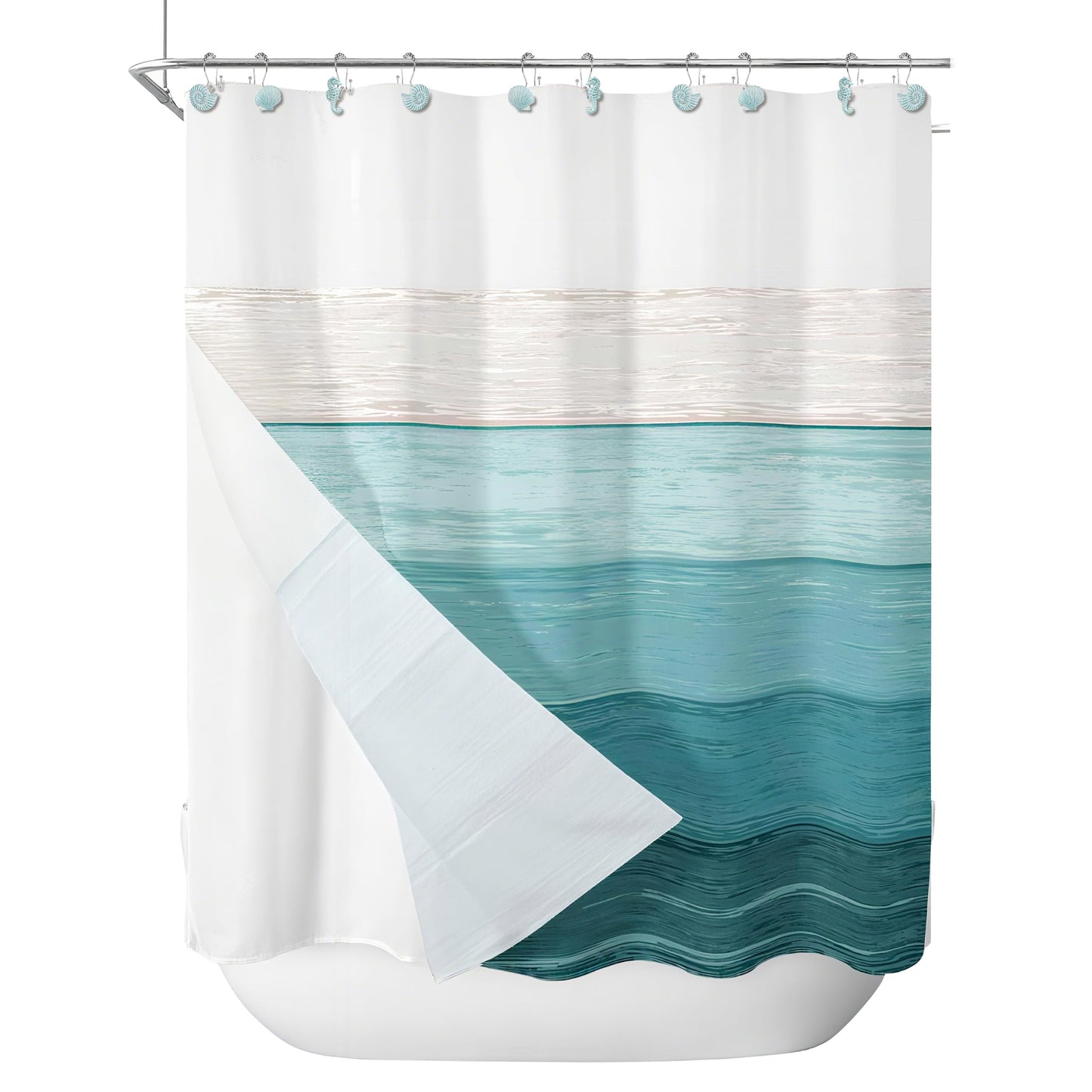 Sunlit Seashells Decorative Shower Curtain Hooks, Aqua Blue Ocean Creatures Coastal Shower Curtain Rings with Black Hooks, Resin, Nautical Bathroom Decoration Beach Shower Curtain Hooks, Set of 12