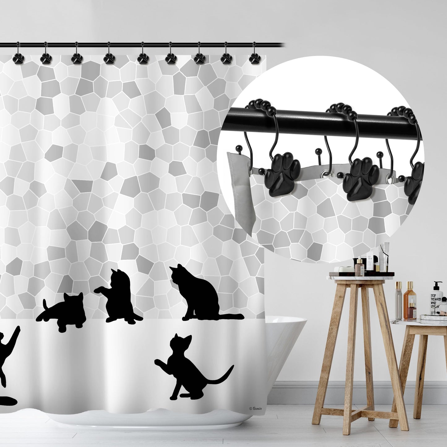 Sunlit Fashion Design Cute Paw Print Polished Shower Curtain Hooks for Dog Cat and Bear, Rust Proof Oil Rubbed Metal Shower Curtain Rings-12 Pack