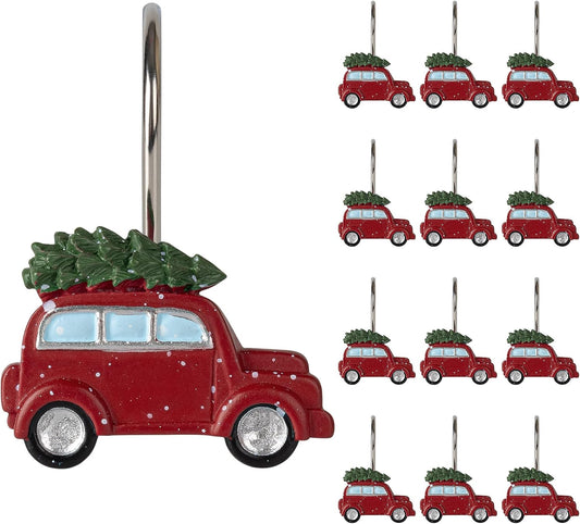 Sunlit Christmas Shower Curtain Hooks, Vintage Red Truck with Snow Xmas Tree Shower Curtain Rings, Resin, Rustic Farmhouse Christmas Decor, Winter Bathroom Decoration, Set of 12