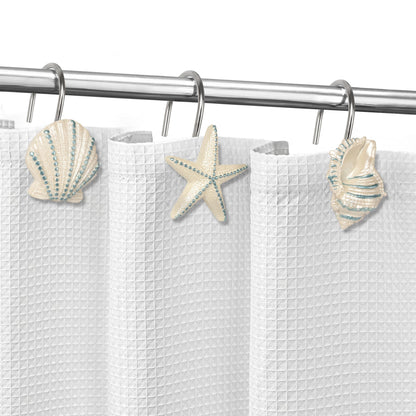 Sunlit Seashells Decorative Shower Curtain Hooks, Scallop Nautilus & Seahorse Shower Curtain Rings, Seashell Blush, Resin, Nautical Bathroom Decoration Beach Shower Curtain Hooks-12 Pack