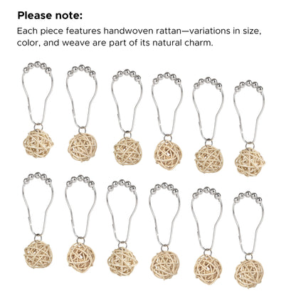 Sunlit Boho Decorative Rattan Balls Shower Curtain Hooks, Wicker Orbs Shower Curtain Rings for Bathroom, Farmhouse Shower Curtain Hangers Bathroom Accessories, Set of 12, Brown