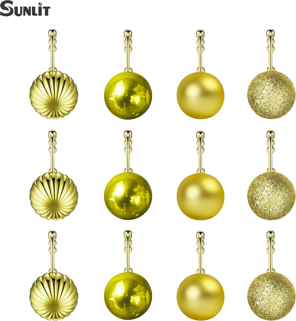 Sunlit Christmas Balls Decorative Shower Curtain Hooks, Shower Curtain Rings with Roller Balls, Xmas Theme Winter Holiday Bathroom Decoration, Set of 12, Golden