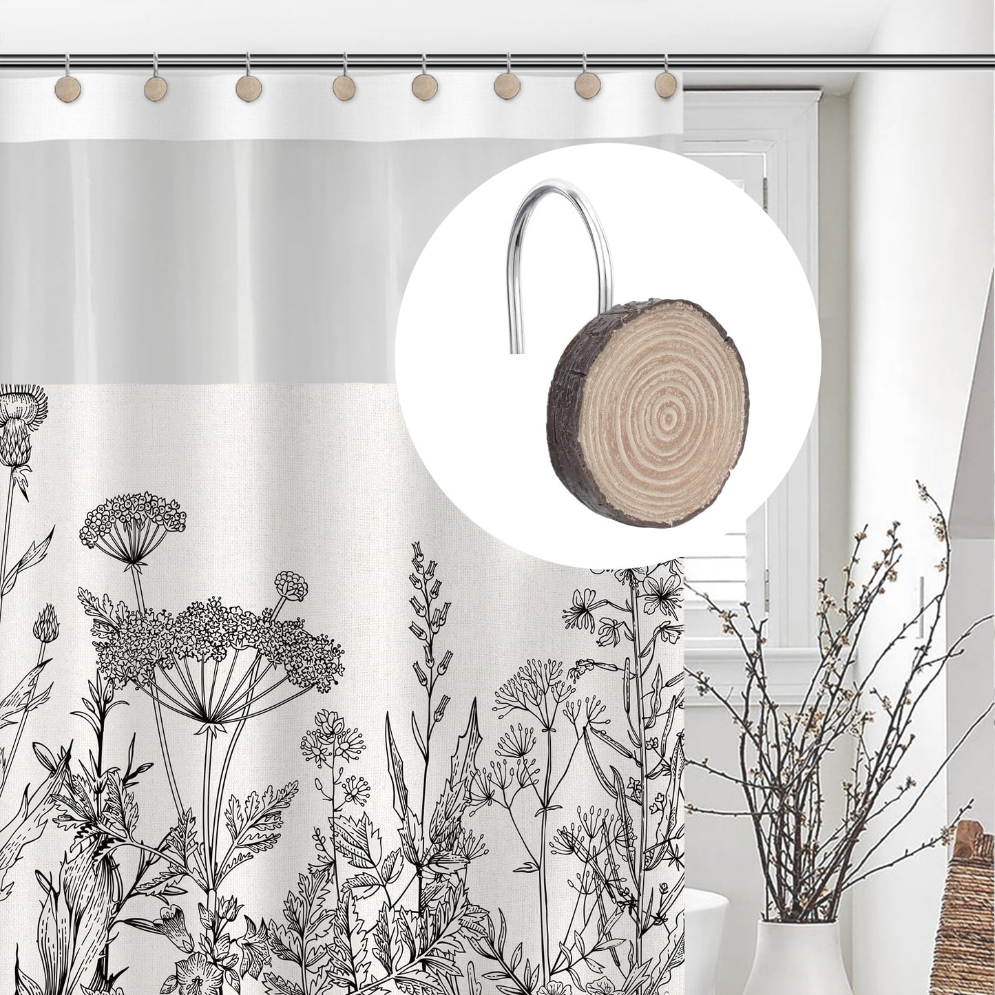 Sunlit Farmhouse Wooden Slices Shower Curtain Hooks, Rustic Home Decorative Shower Curtain Rings with Black Hooks for Bathroom, Resin Shower Curtain Hangers Bathroom Accessories, Set of 12