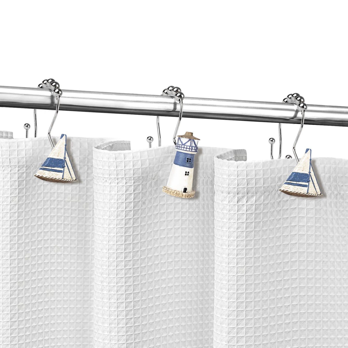 Sunlit Nautical Shower Curtain Hooks, Home Decorative Coastal Shower Curtain Rings for Bathroom, Resin, Ocean Shower Curtain Hanger Hooks for Living Room, Set of 12, Blue Lighthouse Sailboat