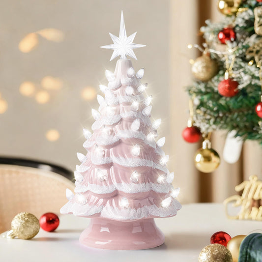 Sunlit Cordless Lighted Ceramic Christmas Tree Vintage Tabletop Christmas Decoration Pre-Lit Colorful Mini Light Bulbs 13" Traditional AA Battery Operated LED - White and Light Blue