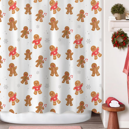 Sunlit Christmas Shower Curtain, Pink Holiday Gingerbread Men with Candy Canes and Snowflakes Cute Xmas Cookie Pattern, Festive Bathroom Fabric Shower Curtain, Home Decor Tapestry, 72" x 72"