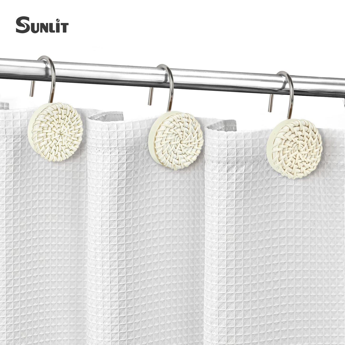 Sunlit Boho Decorative Shower Curtain Hooks, Woven Wicker Ratten Beige Shower Curtain Rings for Bathroom, Farmhouse Shower Curtain Hangers Bathroom Accessories, Set of 12