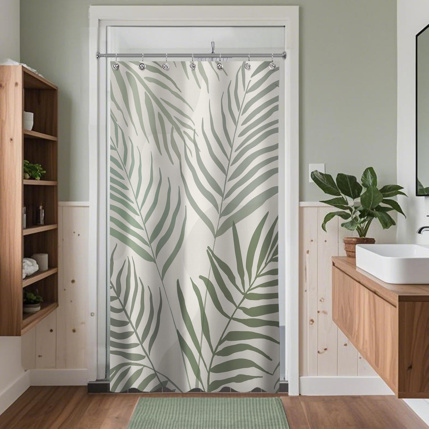 Sunlit 36x72 Inches Sage Green Textured Slubbed Fabric Shower Curtain, Mid Century Modern Palm Leaf Small Stall Shower Curtains for Bathroom Decoration, RV Half Size Narrow Boho Bathroom Curtains