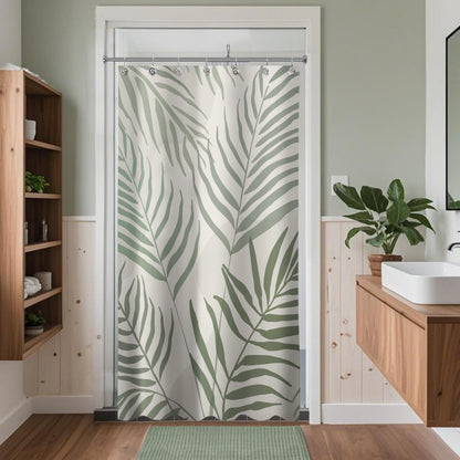 Sunlit 36x72 Inches Sage Green Textured Slubbed Fabric Shower Curtain, Mid Century Modern Palm Leaf Small Stall Shower Curtains for Bathroom Decoration, RV Half Size Narrow Boho Bathroom Curtains