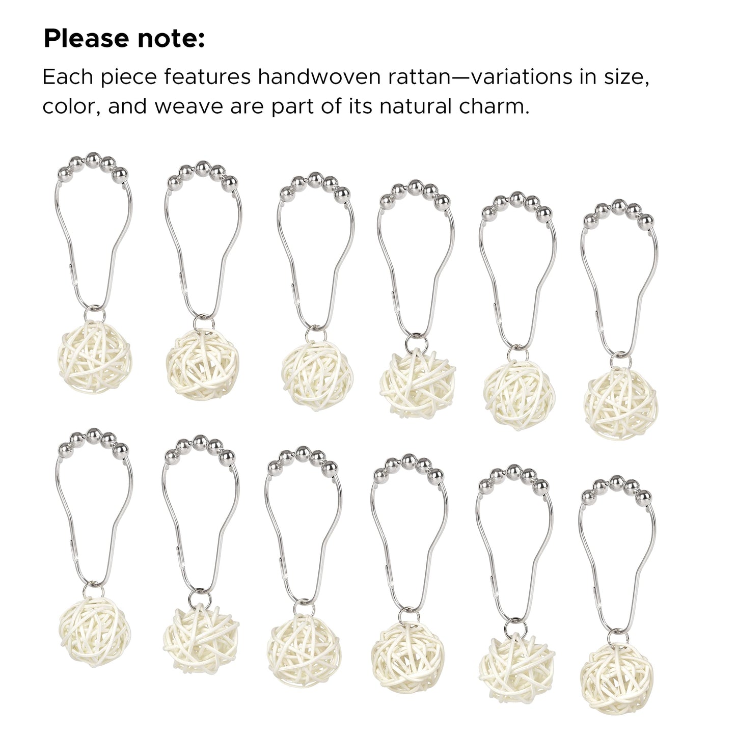 Sunlit Boho Decorative Rattan Balls Shower Curtain Hooks, Wicker Orbs Shower Curtain Rings for Bathroom, Farmhouse Shower Curtain Hangers Bathroom Accessories, Set of 12, Brown